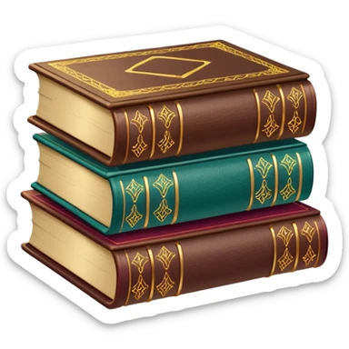 A stack of colorful spellbooks that look like they came out of a fine victorian library sticker