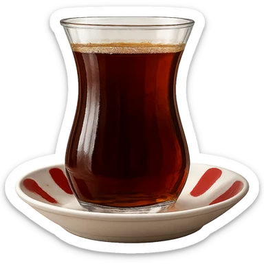 close-up of a Turkish tea glass filled with dark tea, on a white saucer with red stripes, side view, detailed, realistic sticker