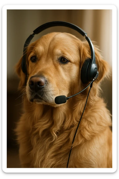 realistic golden retriever with a call center headset, photorealistic, detailed fur, natural lighting sticker