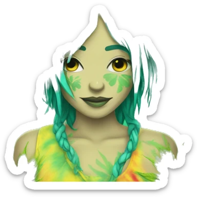 420 Tie dye hippie person flower crown tattoos hemp leaves cyan green yellow hazard stripes dark colours sticker