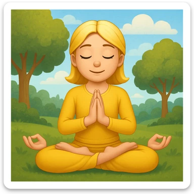 Add a peaceful nature background with trees and sky behind the meditating emoji, keep the classic emoji style sticker