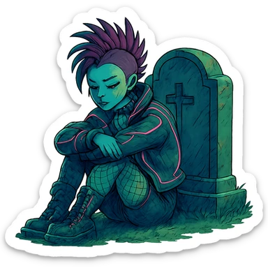  [[[a lonesome tombstone in a graveyard]]], , punk gothic style, futuristic cyberwave cyberpunk, sitting position
 sticker
