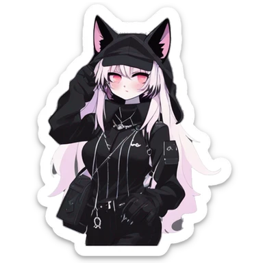 Gorgeous furry gothic dark techwear anime style anthro black cat furry sona with blushing face aesthetic and pretty edgy black with collar and harness trending style sticker