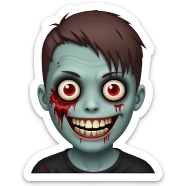 zombie boy with emo brown hair, white skin, and white eyes; an open smile, and bloodied teeth; sticker