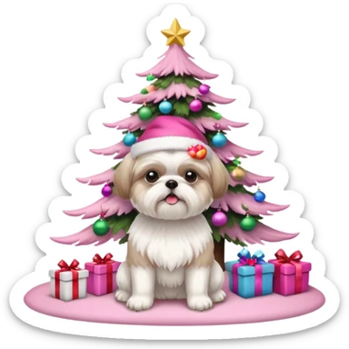 one little white all over shih tzu dog with pink santa hat with short hair sitting next to pink christmas tree sticker