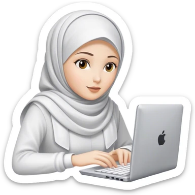 white skin hijab scarf woman working in computer. Her outfit is white sticker