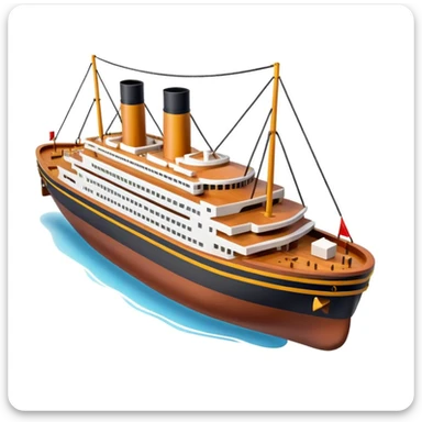 compact 3D Titanic ship emoji in Apple style, smooth and shiny, with bright colors, simplified but clear Titanic details, floating on water, no faces, soft shadows, high-quality render, white background sticker