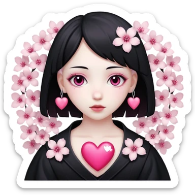 goth sakura heart, heart made of white sakura petals with pink accents sticker