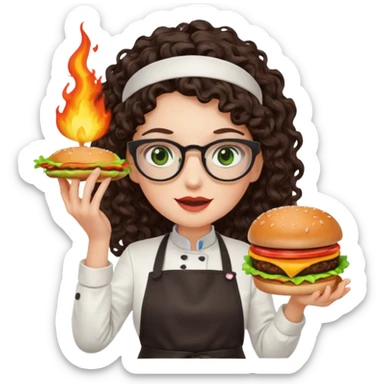 A female chef with glasses, dark brown long curly hair, White skin,Green eyes and setimg a burger on fire sticker
