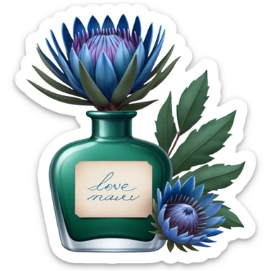 Dark green captivating perfume bottle with blue proteas and a handwritten love letter sticker
