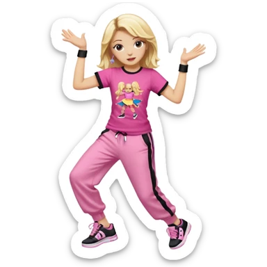 Hiphop dancer, with cute big pants, sneakers, and t-shirt. White girl blond. Coloufull shirt. No pocket pants. Dancing. No orange. Pink and black. No sweatband on the wrist, music box behind her sticker