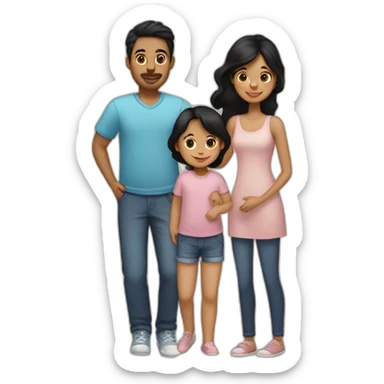 Family of three, woman with black hair, men with black hair, baby girl, 2 cats sticker