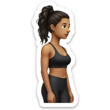Side view of a brunette girl standing on a bathroom scale, looking down, wearing black leggings and a sports bra, her hair is down sticker