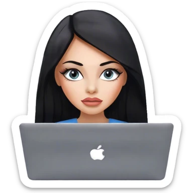 Glamours, tanned, very beautiful girl, with big pump peach-beige-rose lips, eyeliner, long long lashes, black straight smooth silky long hair, straight parting hair, blue-grey eyes with macbook sticker