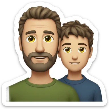 Handsome Father 40s green eyes with short full beard with Son 13s light brown eyes tousled bedhead look both has brunette hair light skin close together portrait sticker