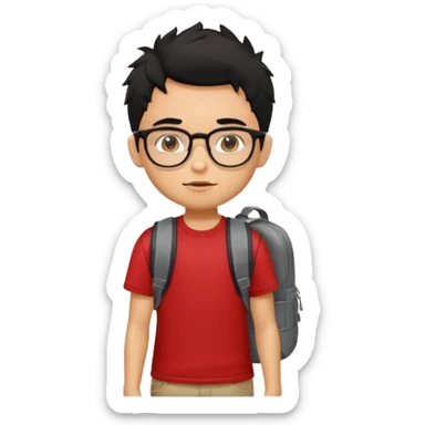 generate a pretty tan bratz boy with glasses and a backpack. black messy hair. wearing a red tshirt. sticker