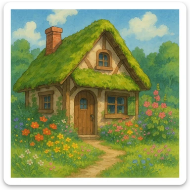 a small cottage with a mossy roof and flowers, ghibli style sticker