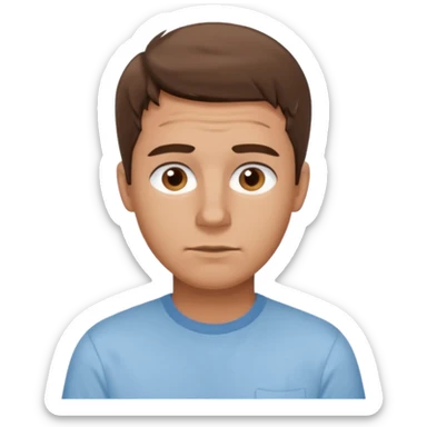 create an emoji of a young man, oval face. No wrinkles. he has an American look, very messy brown hair, brown eyes, very slightly tanned skin, natural lips. he wears a short sleeve light blue shirt sticker