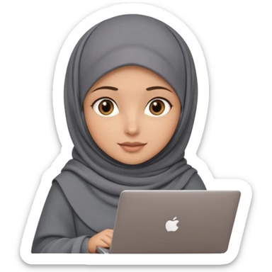 A girl wearing a gray hijab and with hazel eyes is carrying a laptop, not a laptop, just a regular laptop. sticker