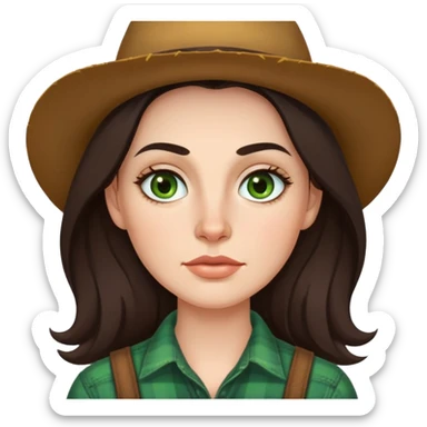 Me  a white woman with long dark brown hair green eyes and thin top lip and big bottom lip and a mole on my left side of my chin very thin eyebrows with a scar on the right eyebrow and a farmer sticker
