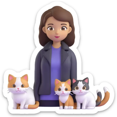 Light-skinned girl with brown straight hair wearing a black jacket, along with one pure white cat and one calico cat sticker