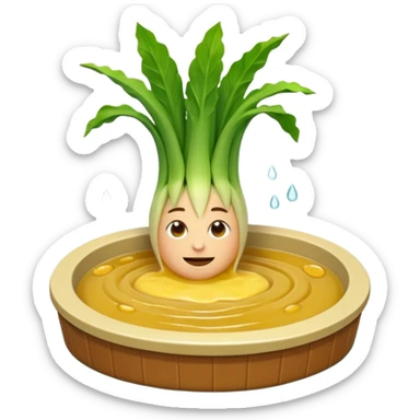 Create a 3D emoji of a relaxed leek in a jacuzzi filled with a slightly lumpy, yellowish-brown sauce sticker