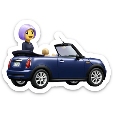 navy blue convertible Mini Cooper, with short, lilac colored haired woman driving - update woman to fair skinned sticker