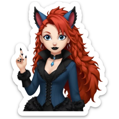  long curly red hair (darker), red pointed ears with black trim, black goth outfits, body and face human, blue eyes, more pointy chin, black lipstick, big fluffy red squirrel tail with black tips, like the attached photo with more outfits and poses,  sticker