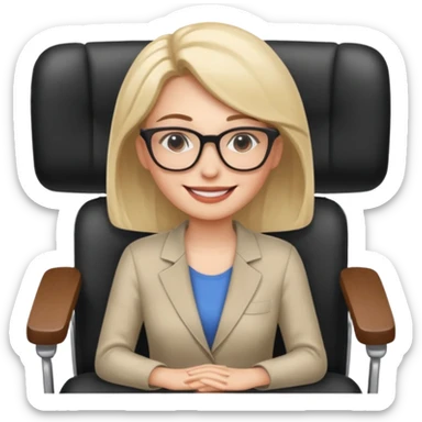 Cartoon faced woman smiling and relaxing and aligned in a chair in office make the face a cartoon character  sticker