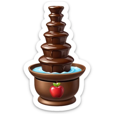 3D render of Chocolate Fountain, made entirely of dessert materials, glistening sugar crystal texture, flowing liquid dark brown chocolate, delicious confectionery aesthetic, Apple emoji style, isolated on white background --v 6.0. sticker