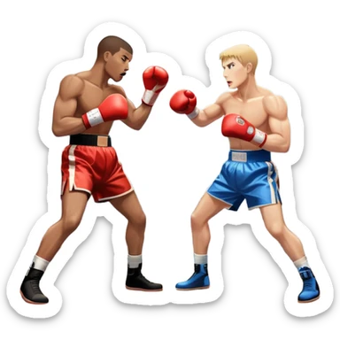 Two professional boxers in the ring fighting for the world championship title. One delivers a powerful straight punch to the head, while the other skillfully dodges. The background shows a brightly lit boxing arena with a roaring crowd. Transparent background sticker
