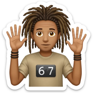 A Black man with dreads holding up physical numbers 6 in his right hand and 7 in his left hand  sticker