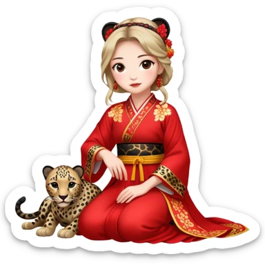 A beautiful girl in red Hanfu wedding dress sits on the ground holding a black leopard sticker