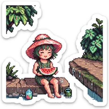 happy kid with a floppy sun hat sitting by a river eating watermelon surrounded by sparkles and water splashes pixel art vibrant colors sticker