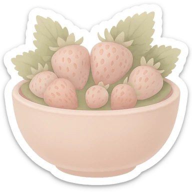 Make the colors of the big ornate pastel pink bowl with fresh strawberries softer and less saturated, avoid high contrast, keep the style as emoji, with no background. The style should resemble emoji style with soft pastel colors and no background. sticker