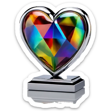 symmetric heart chrome sculpture symbolizing chromatic light with a geometric, faceted design. The heart is standing upright with angular and baroque features. The vibrant rainbow of colors highlights the sharp edges and planes.  sticker