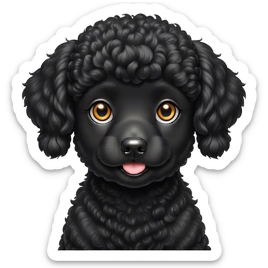 Cinematic Cute Black Poodle Portrait Emoji, Head tilted playfully and inquisitively, showcasing a bouncy, curly jet-black Fur with a striking sheen, round, sparkling dark eyes filled with curiosity, Simplified yet irresistibly adorable features, highly detailed, glowing with a warm, friendly glow, high shine, affectionate and lively, stylized with a touch of whimsy, bright and endearing, soft glowing outline, capturing the essence of a mischievous yet loving companion, so playful it feels like it could bounce out of the screen and into your arms! sticker