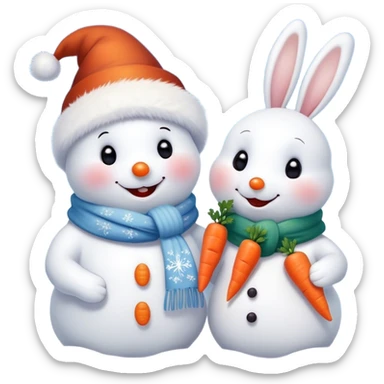 The detailed digital illustration shows a snowman in a Christmas hat and scarf. The snowman is depicted in close-up. Next to it is a cute bunny who wants to depict a snowman and holds a carrot with his paws at the level of his nose, thereby demonstrating to the snowman that his nose looks like a snowman's nose. The snowman is joyful, looks lovingly at the mischievous bunny. Snowflakes are falling from the sky, the whole scene should have a soft and cozy winter aesthetic. The style of this illustration is the same as that of the famous artist Evgenia Gapchinskaya. sticker