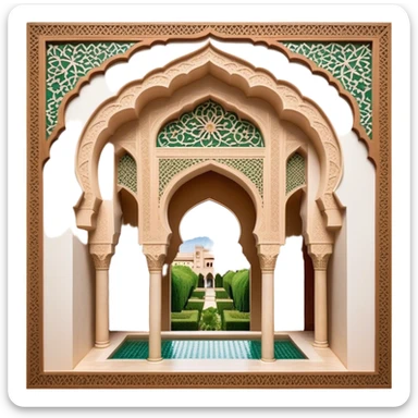 Alhambra – Cinematic Realistic Alhambra, depicted as a majestic Moorish palace with intricately carved arches, lush courtyards, and detailed tile work, bathed in soft golden light and dynamic shadows that highlight its opulent historical beauty. sticker