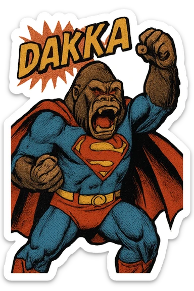 an angry gorilla dressed like superman in a super hero pose with the name DAKKA above it sticker