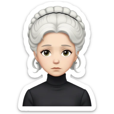 A Victorian woman with elegant coiffed white hair and light eyes wearing a modest unadorned monochrome black turtleneck mourning dress looking down with a forlorn expression sticker