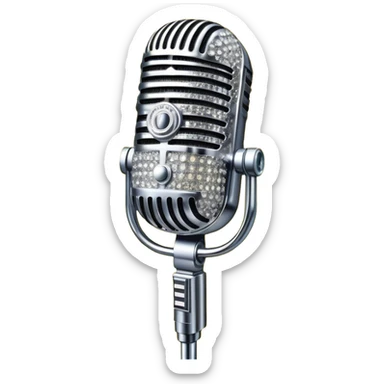 Create a glamorous and vibrant emoji representing stage vocal performance. The design should feature a humanless collage of classic vintage microphone, stage costume covered in rhinestones, sparkling brightly. The costume should be stylized, with glittering elements like sequins and sparkles, and reflect the glitzy, extravagant nature of show business. The microphone should have a sleek, retro look with chrome or metallic accents. Use rich, dazzling colors like gold, silver, deep purple, and bright red to evoke the glamorous, larger-than-life feel of a stage performance. The background should be transparent. sticker
