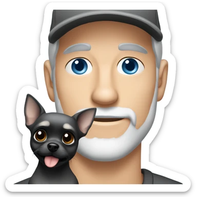 Handsome blue eyed man, with grey hair, and grey goatee beard, wearing ball cap and holding a long haired black chihuahua sticker