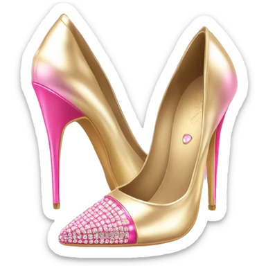 Realistic isolated top view of a pair of metallic light gold and metallic light bubblegum pink pointed toe high heel shoes with diamonds on the top of the toes. sticker