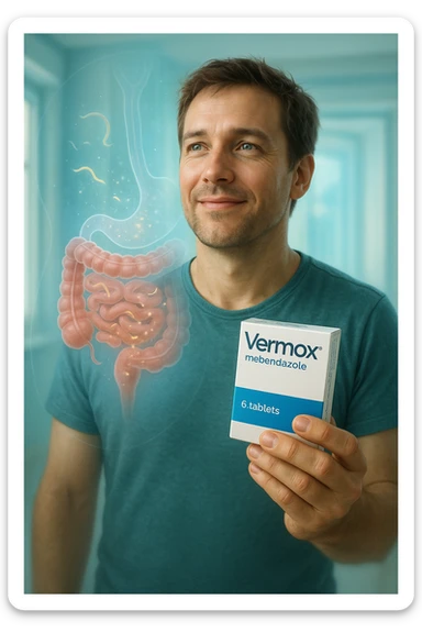 A realistic, cinematic illustration of a man in his late 30s holding a small white box of ‘Vermox’ (mebendazole) in one hand, with a relieved and hopeful expression on his face. Behind him, a semi-transparent overlay shows his digestive tract where small, symbolic worm-like parasites are dissolving and disappearing, indicating the medication’s effect. The environment is clean and bright, with a medical yet hopeful tone, conveying the concept of effective parasite removal. Subtle blue and green tones symbolize cleansing and health restoration, while the man appears energized and ready to reclaim his well-being sticker