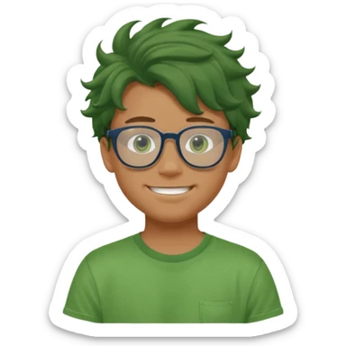 A teenage boy, tanned with glasses, wearing a green t-shirt , blue jeans and green sneakers with brown wavy tousled hair, smirking, wearing a green face mask sticker