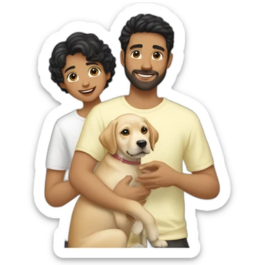 gay-couple,-1-guy white straight blackhair australian-and-1-australian-white-guy-with-blackhair-slightly-curly-holding one light yellow labrador retriever puppy one labrador retriever puppy sticker