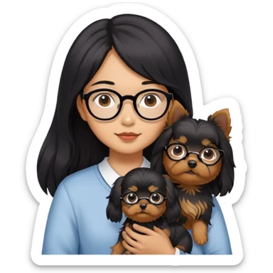 A couple holding a small Yorkshire Terrier together. The girl is Asian with long, luscious wavy black hair (loose, no hair tie). She is next to her boyfriend, a brown-skinned man wearing glasses with a korean haircut sticker