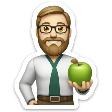 A male nutritionist with a full beard and dark blonde hair and white skin and glasses holding an apple in his hand. Without white kiltze. sticker