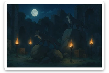 midnight within the ruins of abandoned castle yard, protrude boulders with climbing wolves, amid iron torches and crates tucked behind sticker